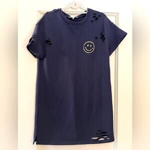 Honey Punch Navy distressed crew nwck sweatshirt dress w Smiley Face S